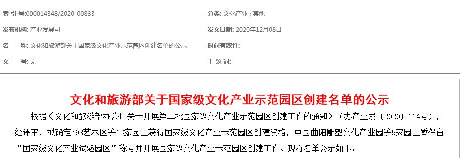 文化和旅游部關于國家級文化產業(yè)示范園區(qū)創(chuàng)建名單的公示